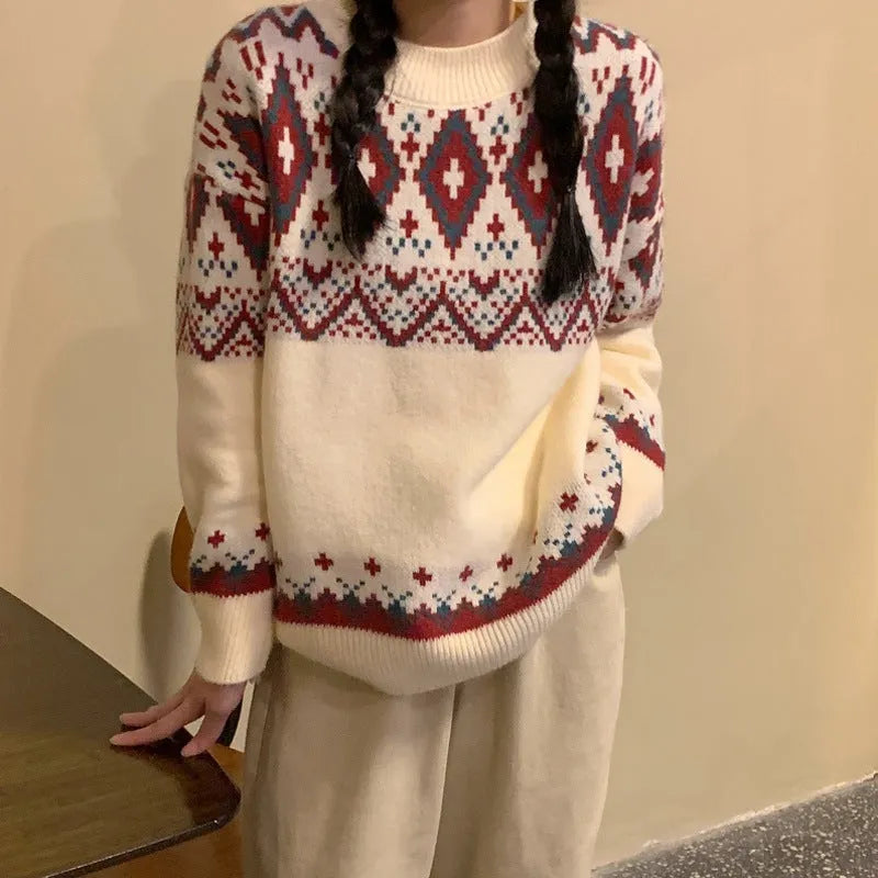 Red and white striped loose fit retro style long sleeve pullover knitted top