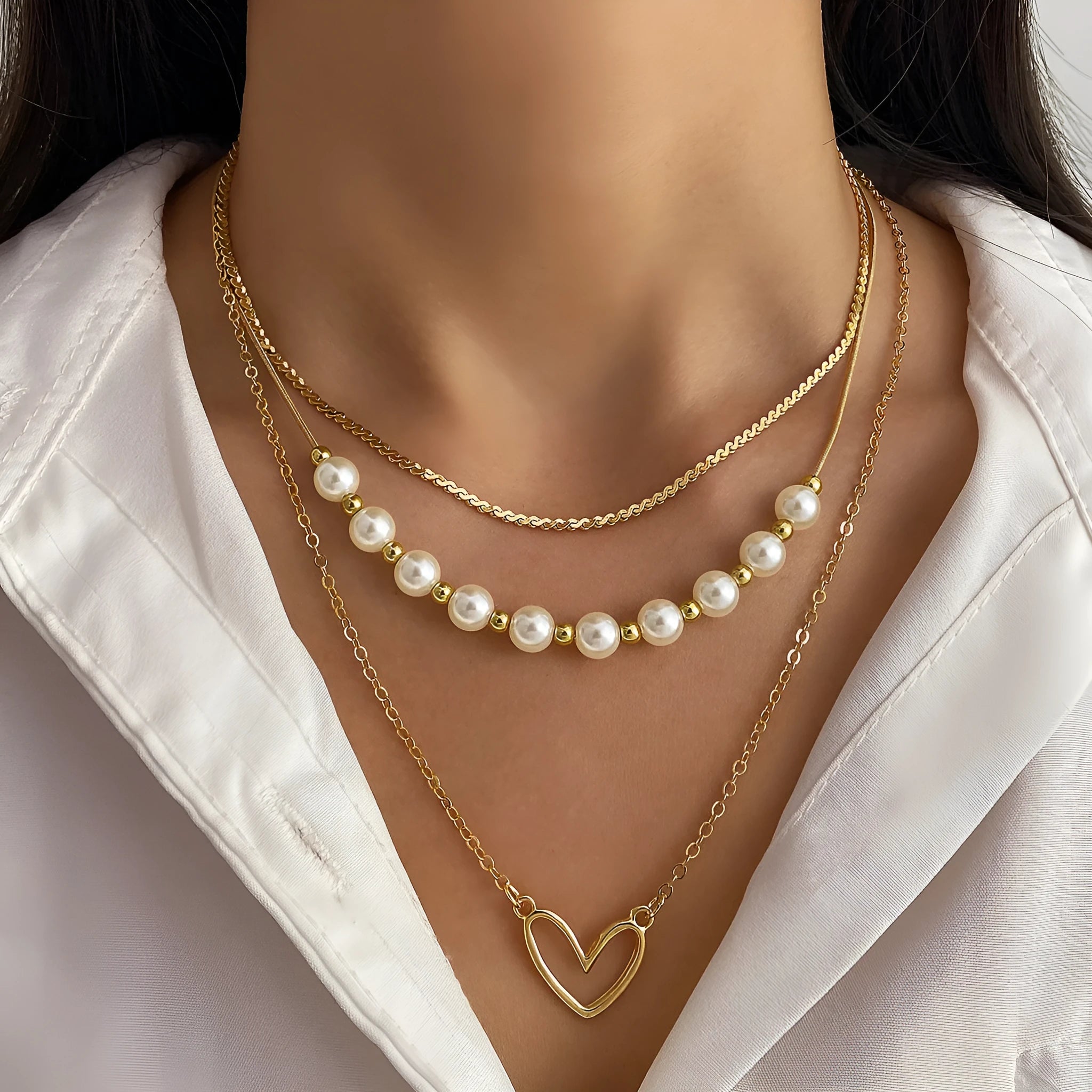 Vintage gold tone necklace with heart pendant on pearl chain, adjustable 41-50cm length