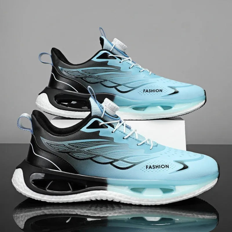 Youth button sneaker with rotating shock absorption system in light blue mesh option showing low-top design