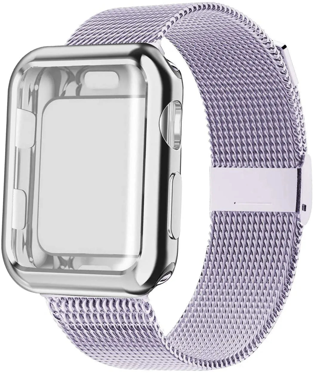 Apple Watch with silver magnetic Milanese loop band showing adjustable magnetic clasp on wrist.