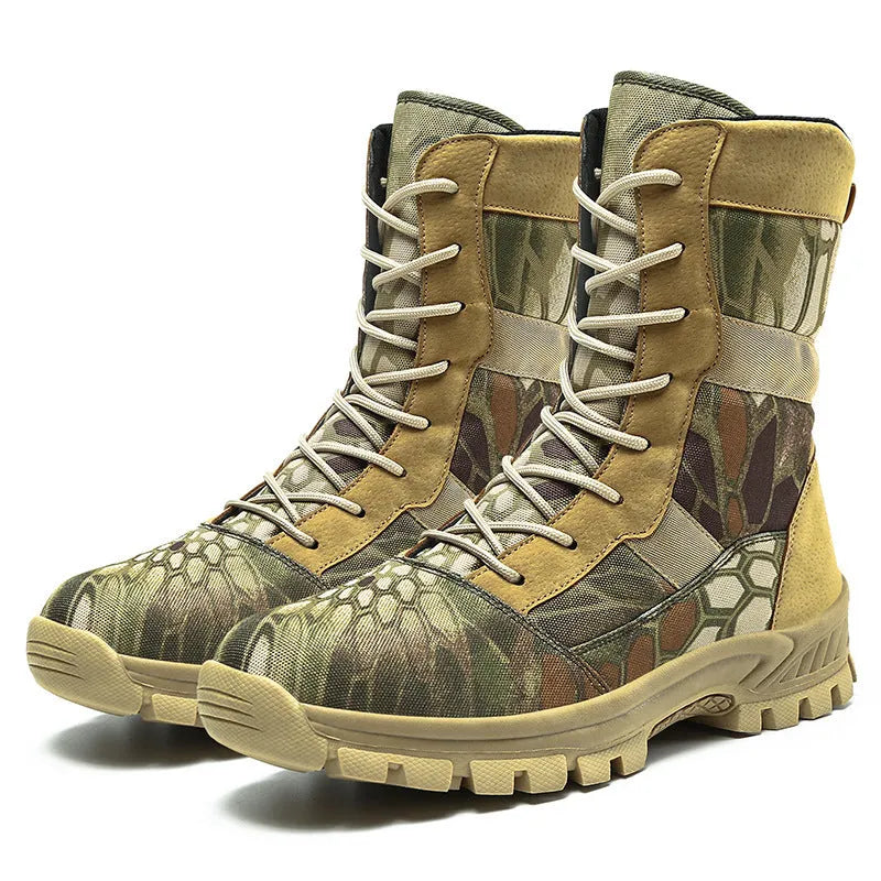 Men's black and camouflage plus size high-top mesh combat boots with totem detail.