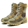 Men's black and camouflage plus size high-top mesh combat boots with totem detail.