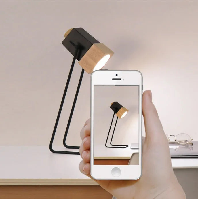 7W LED desk lamp with rubber wood and iron art body, rotary and button switch, eye protection and anti-myopia functions.