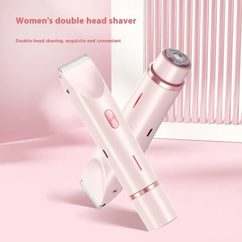 Pink women's electric hair trimmer with two detachable heads on a white background