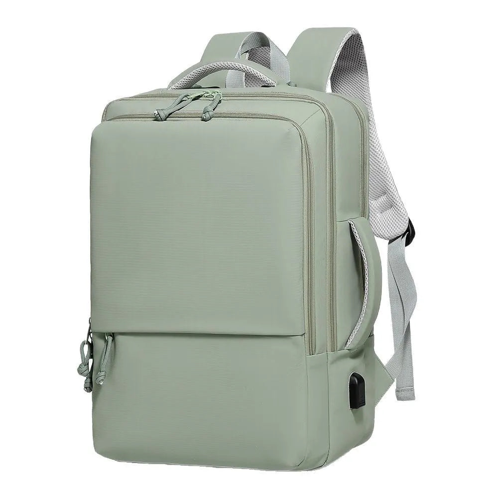Green Oxford cloth waterproof backpack with air pillow belt straps, shown with 45x34x18cm dimensions.