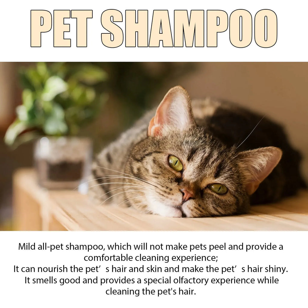 Bottle of mild pet shampoo for cats and dogs to soften fur and reduce knots.