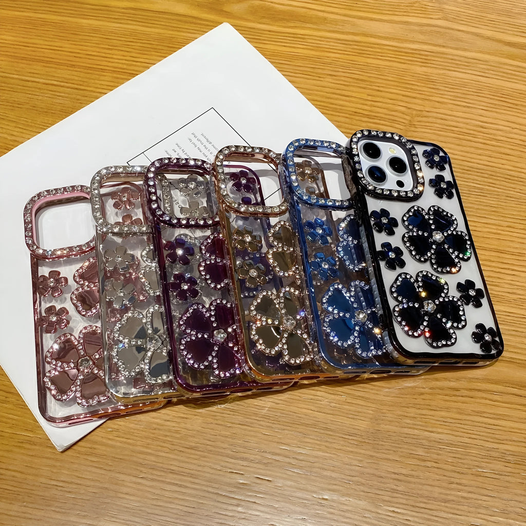 Plum blossom diamond flower plated phone case for iPhone in rose gold, TPU and acrylic back cover with bracket