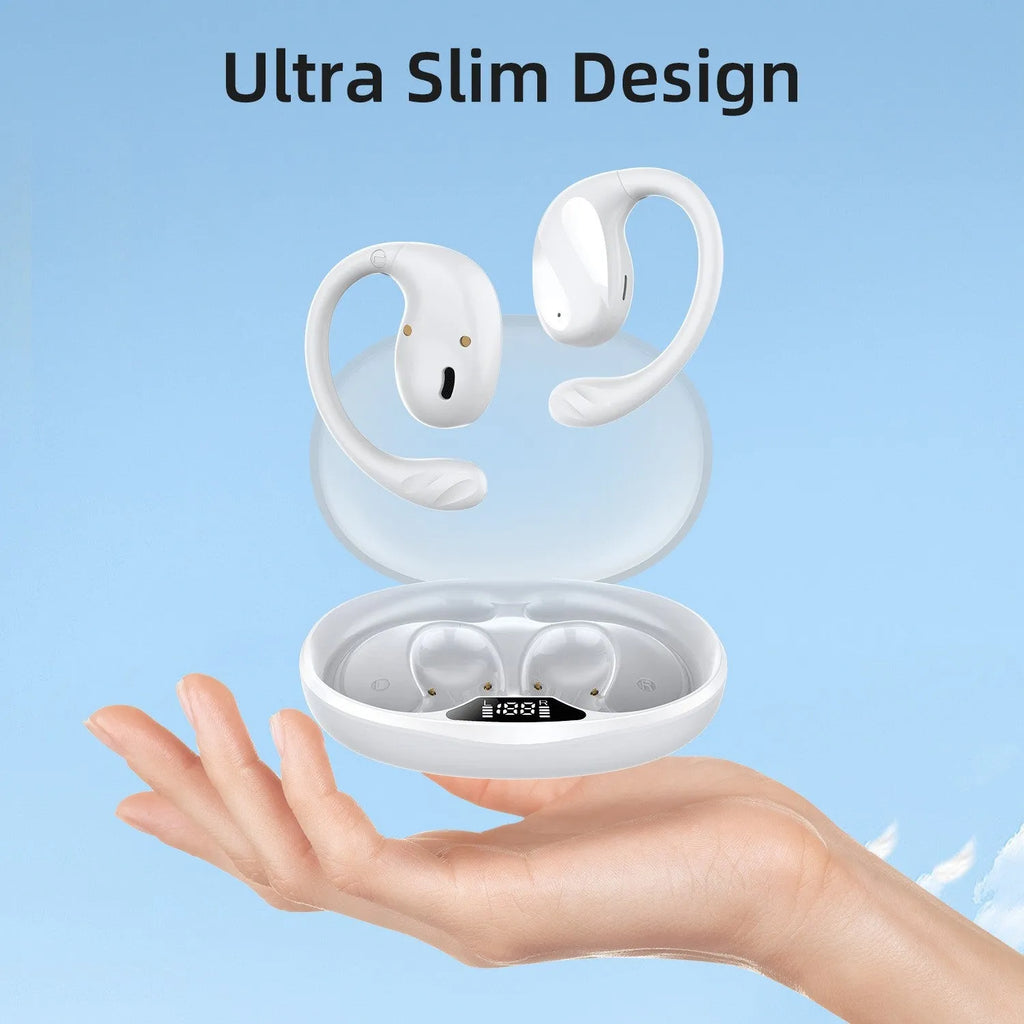 Wireless Bluetooth ear hook headset with digital display, ABS body, white colour, simple design