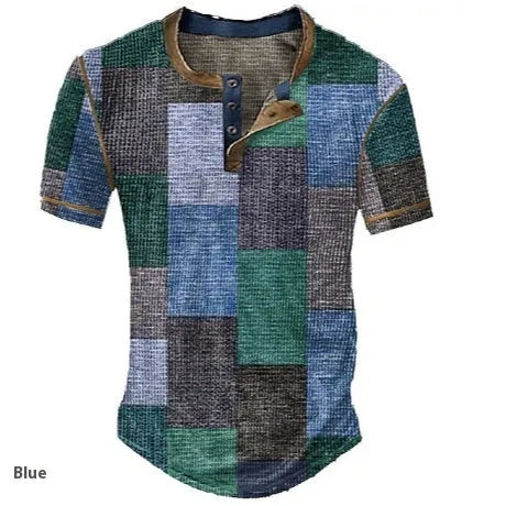 Men's graphic plaid colour block waffle henley short sleeve shirt, front view, regular fit, available in multiple colours