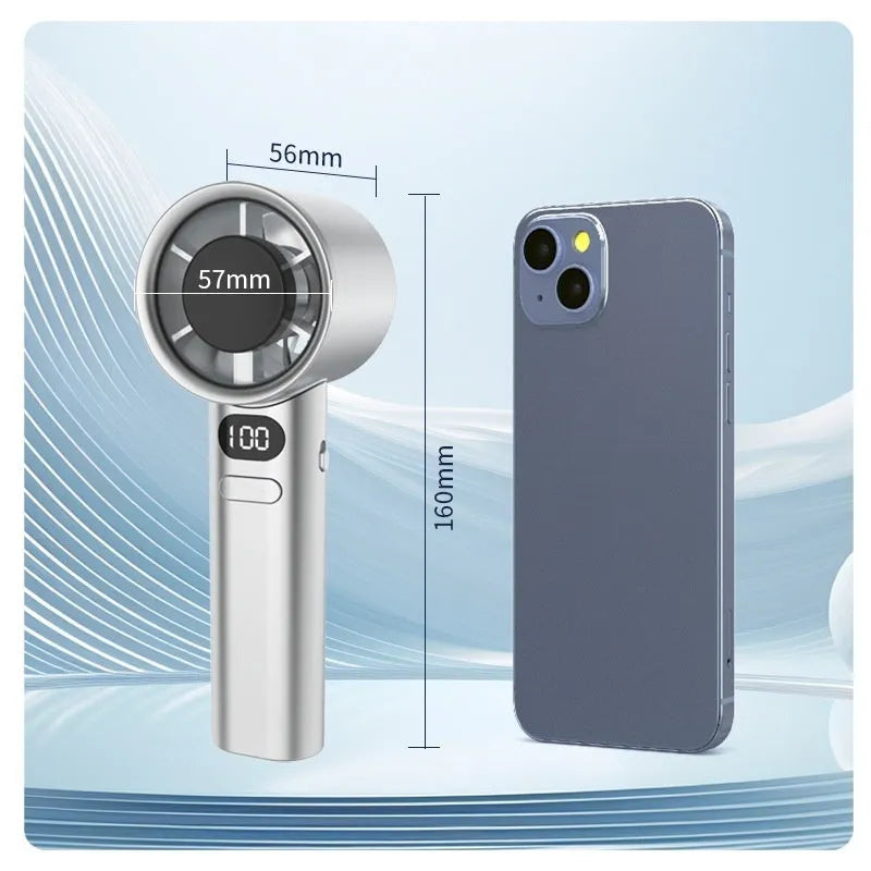 A handheld personal fan showing one of four colour options: Green, Khaki, Silver, or White.