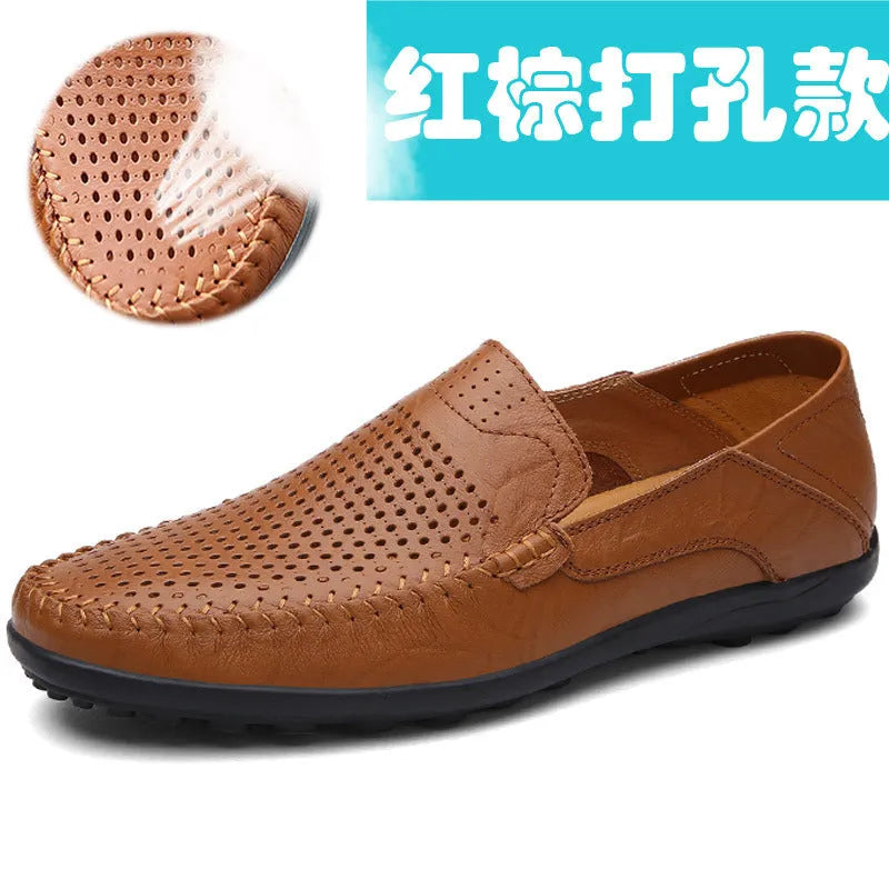 Men's cowhide leather shoes with round toe and flat heel in black, brown, and dark brown colour options