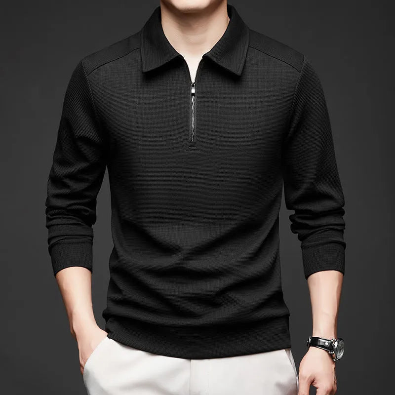 Men's lapel long sleeve solid colour polyester cardigan in dark gray, front view