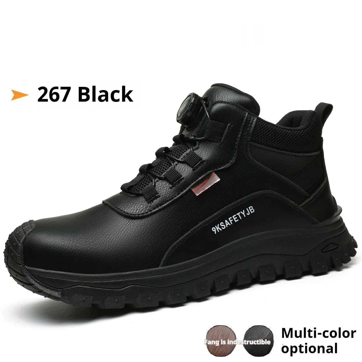 A pair of Flyknit safety work shoes with a leather upper and rubber sole, shown in a neutral colour.