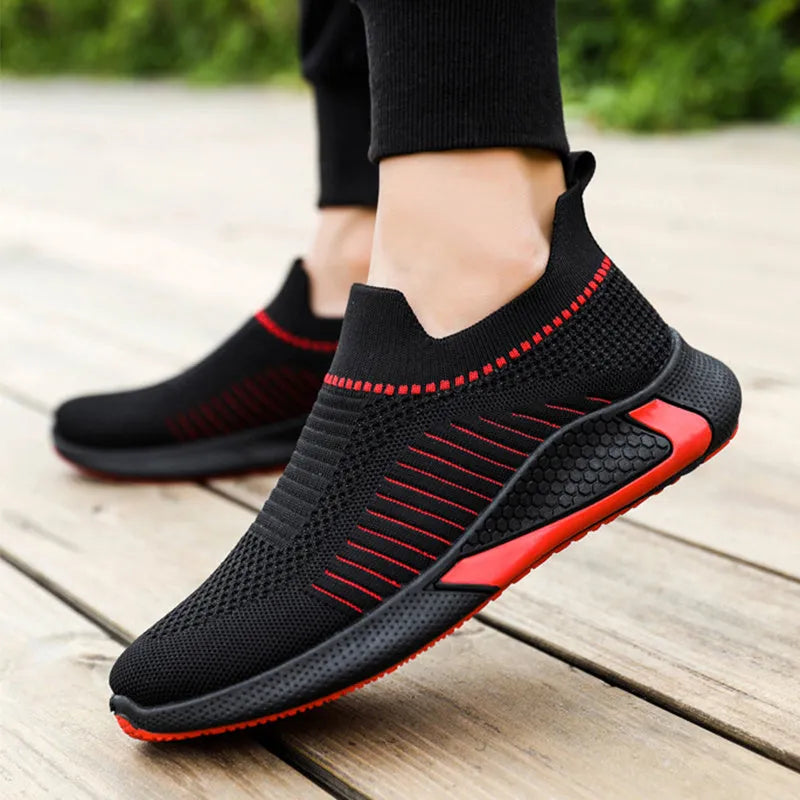 Men's striped mesh sock shoes with Flyknit upper and lace-up closure in black, white and black-white options