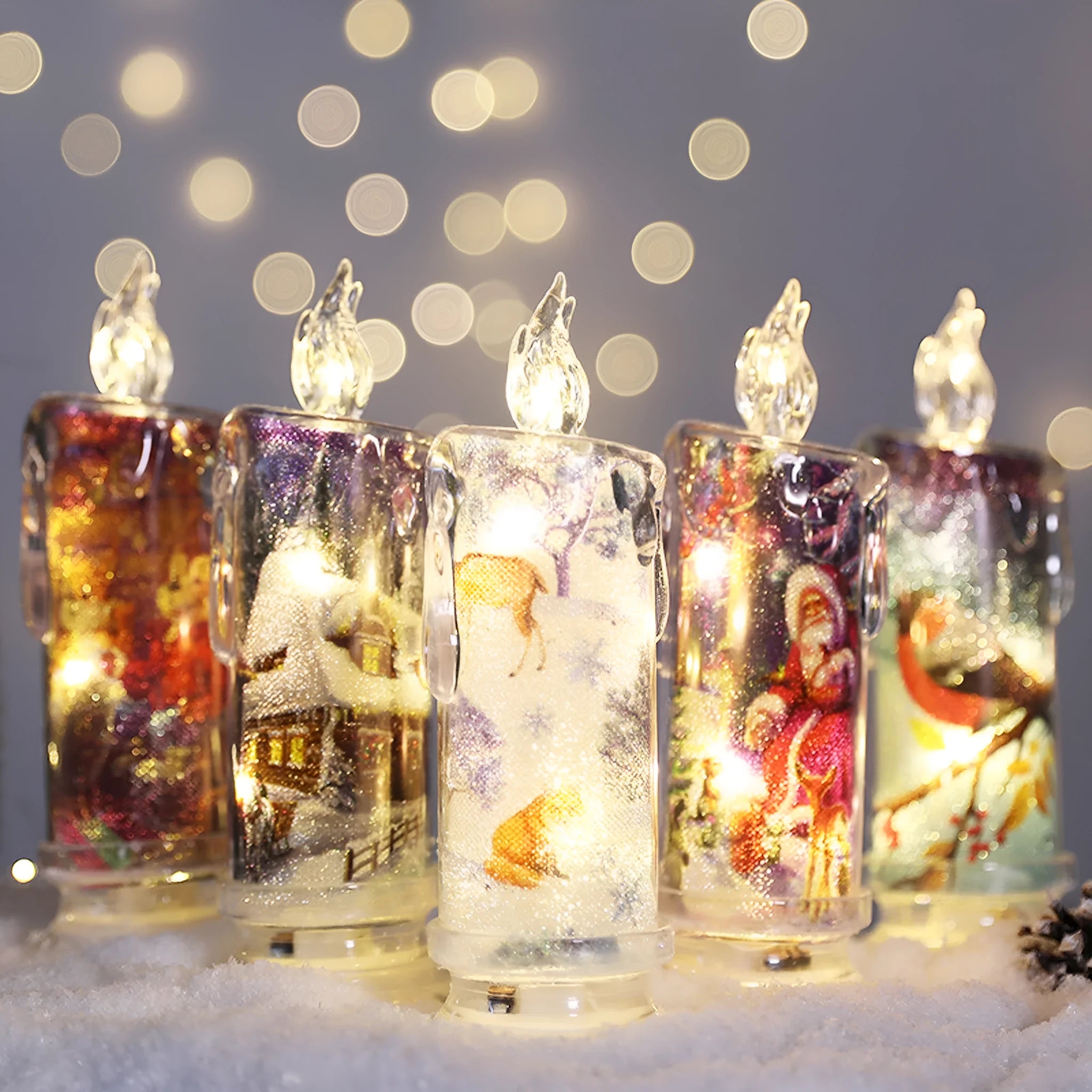 Transparent plastic Christmas electronic candle 18cm with warm light, style option snowman
