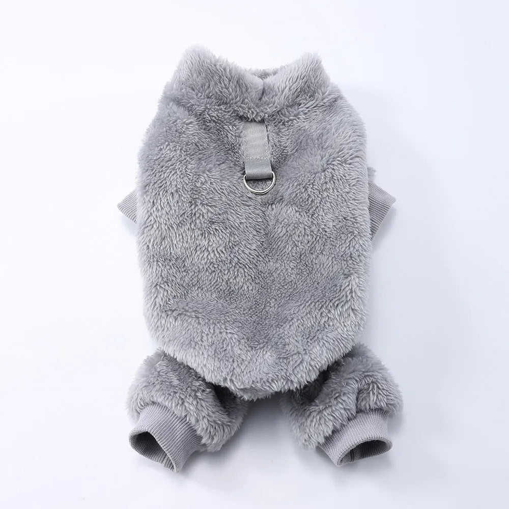 Polyester solid colour pet jacket with fur trim in gray, front view, size M