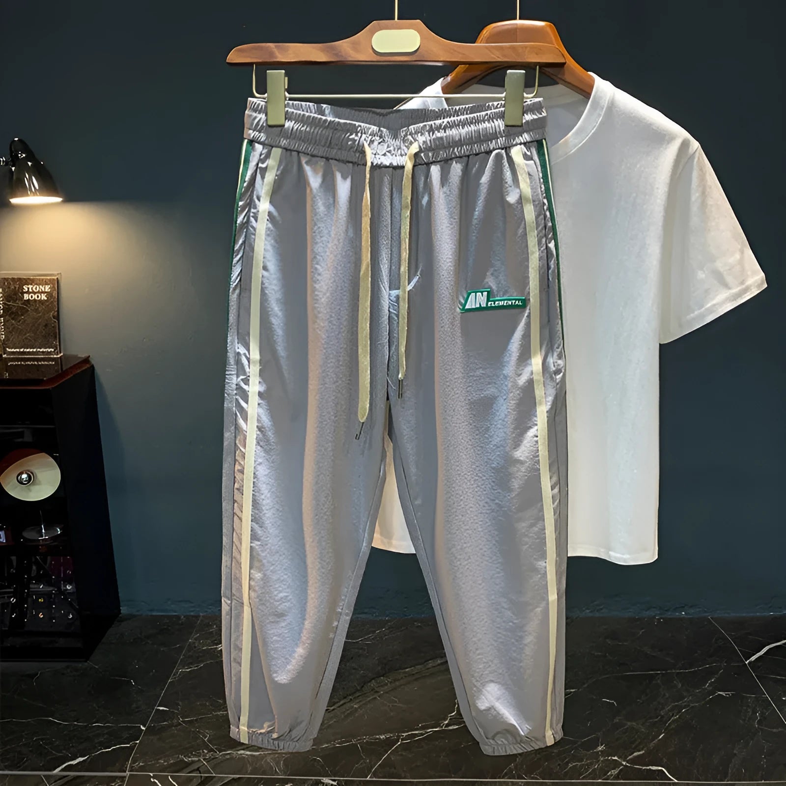 Men's black or grey ice silk cotton harem trousers with elastic mid waist and trousers length