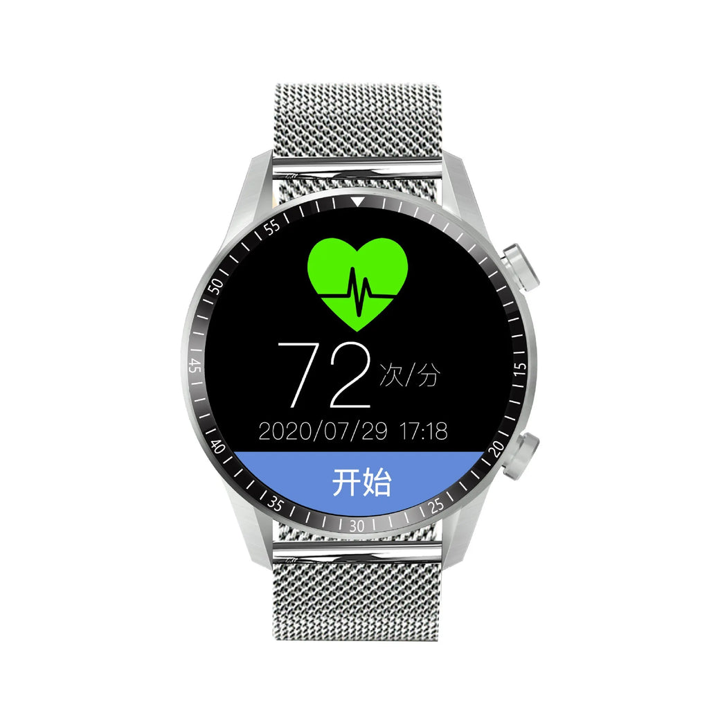 Round smartwatch with aluminium alloy case on wrist, showing touch screen displaying time and heart rate.
