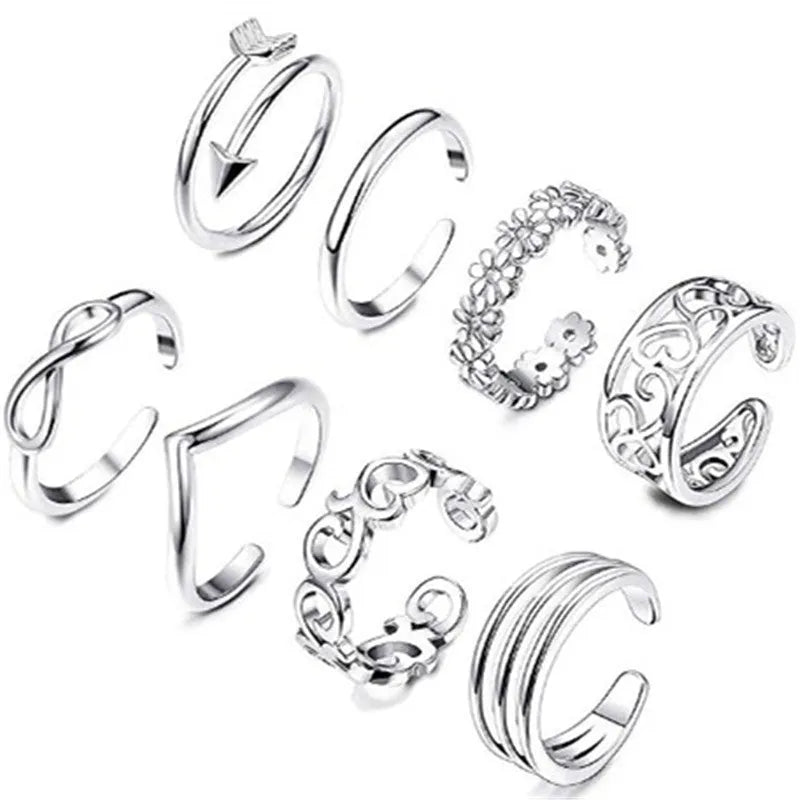 White cupronickel adjustable toe ring with simple rose charm for women, open-back design