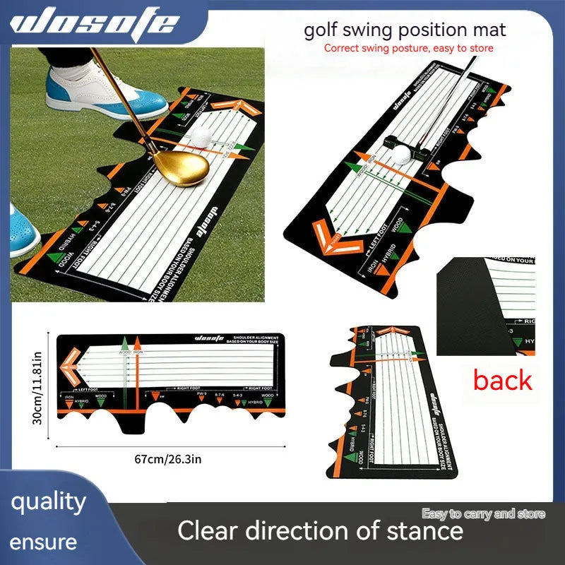 Black neoprene golf swing stance correction pad on grass