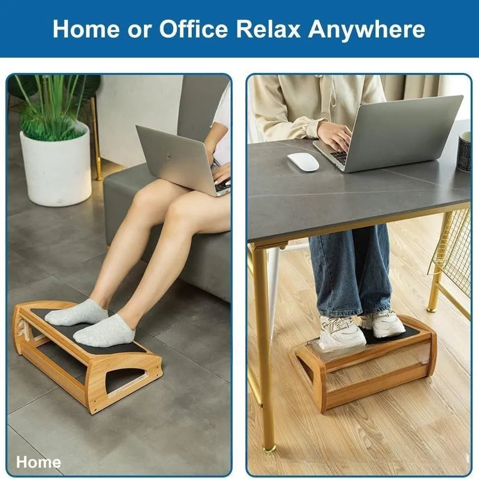 Wooden bamboo adjustable height office desk footstool in natural wood colour