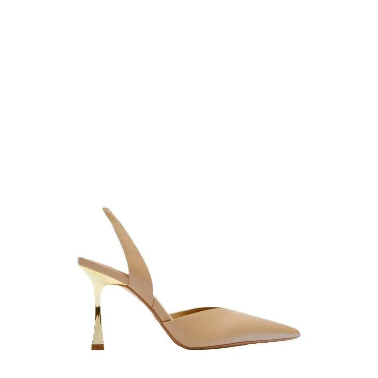 Women's patent leather pointed toe high heels in apricot colour, showcasing shallow mouth design.