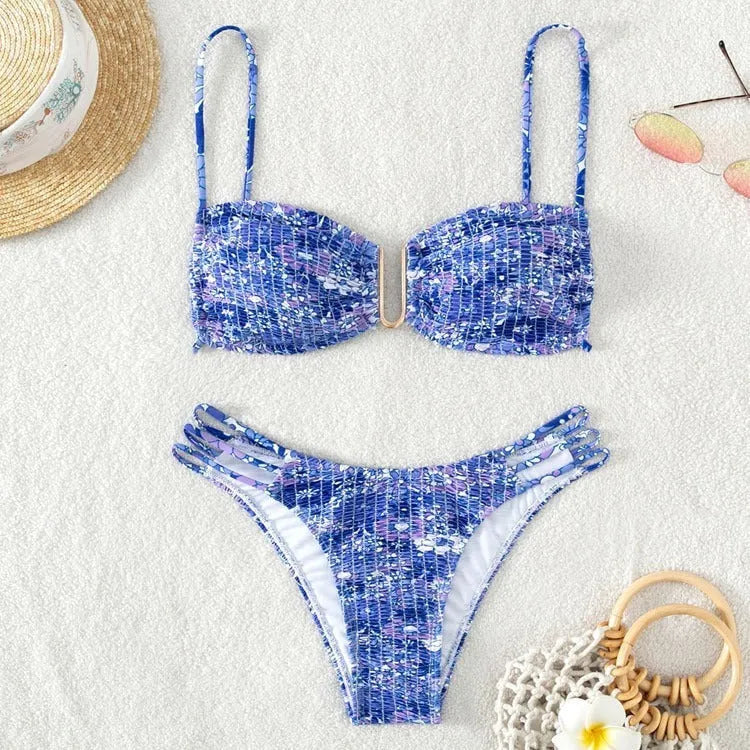 Women's floral high-waist bikini swimsuit in solid colour with separate bra and panties
