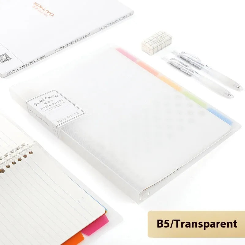 Refillable loose-leaf spiral notebook in B5 size with a pastel blue PP cover and lined pages.