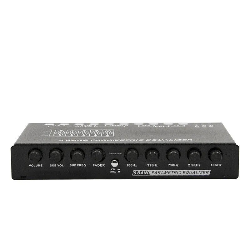 Black car audio EQ tuning amplifier with control knobs for subwoofer frequency and volume adjustment