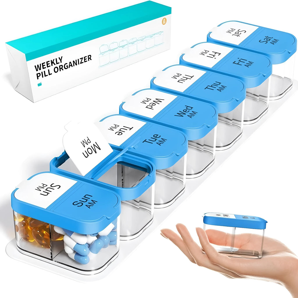 White and rainbow coloured portable pill box dispenser with 14 removable compartments shown open.