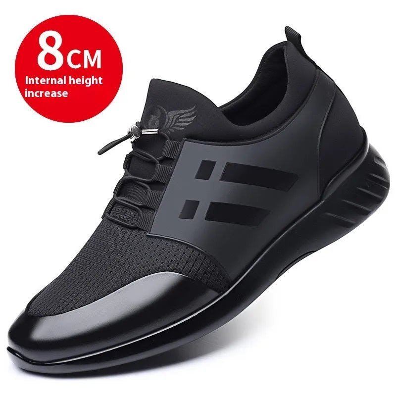 Men's black casual sneakers with round toe and low-top design for invisible height increase.