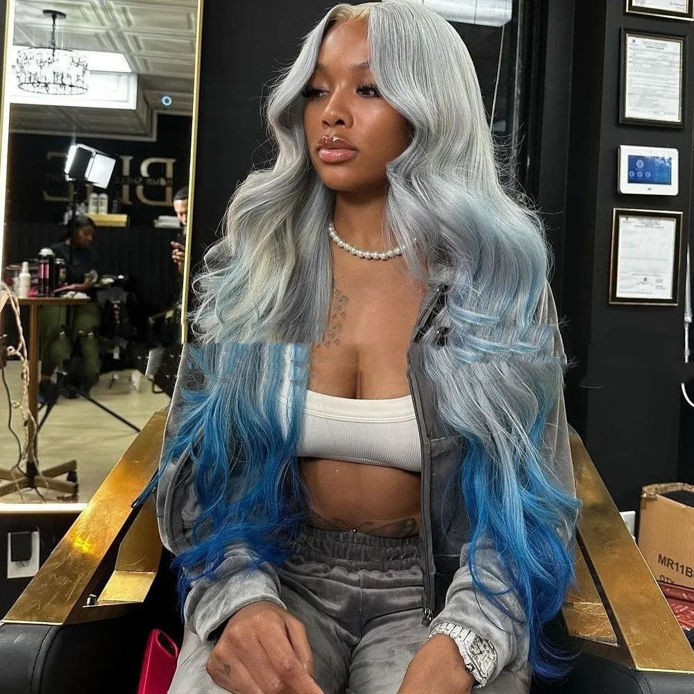 Grey and blue gradient human hair topper in Ruili style on a model, showing length options.