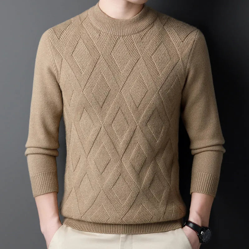 Men's thick diamond jacquard winter sweater in light camel colour, pullover style