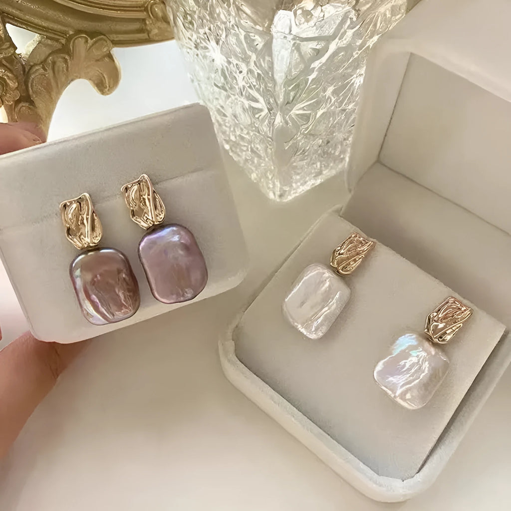 Square freshwater pearl stud earrings with geometric quadrilateral faces in purple, white or pink colours
