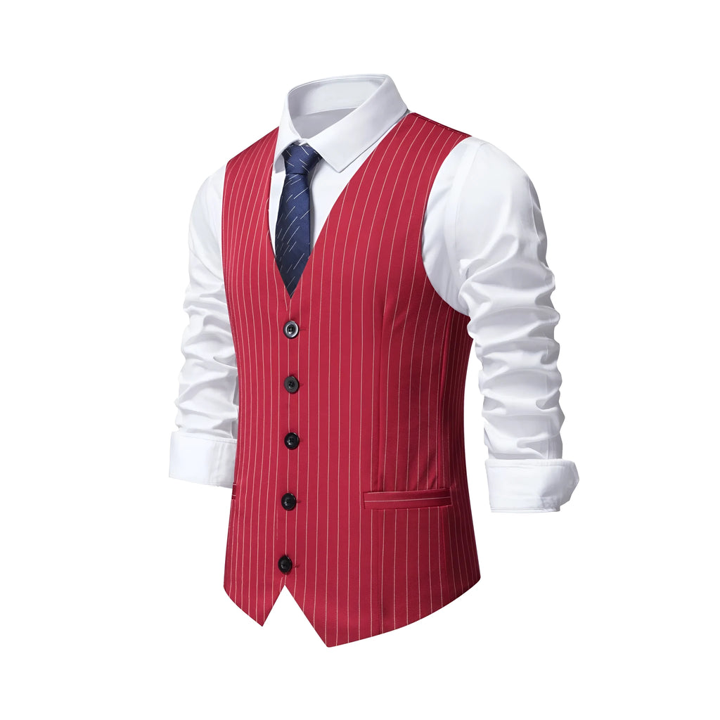 Men's striped polyester suit vest in black, khaki, or red with non-ironing finish
