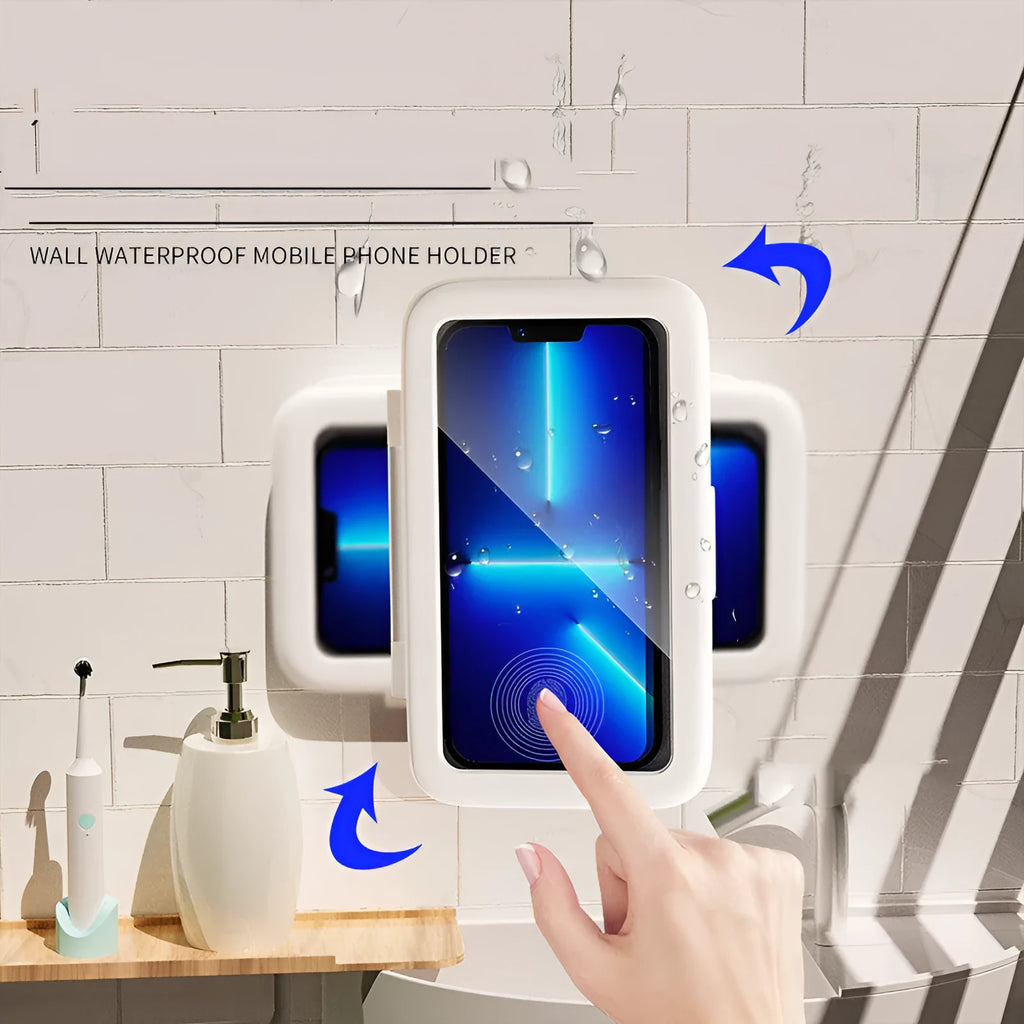 White waterproof phone holder mounted on bathroom tile showing mobile phone visible through clear front