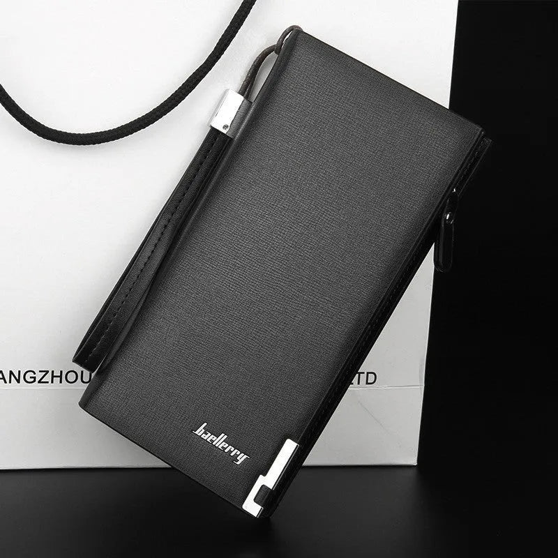 Men's black PU leather wallet with multifunctional zipper design showing waterproof construction