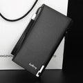 Men's black PU leather wallet with multifunctional zipper design showing waterproof construction