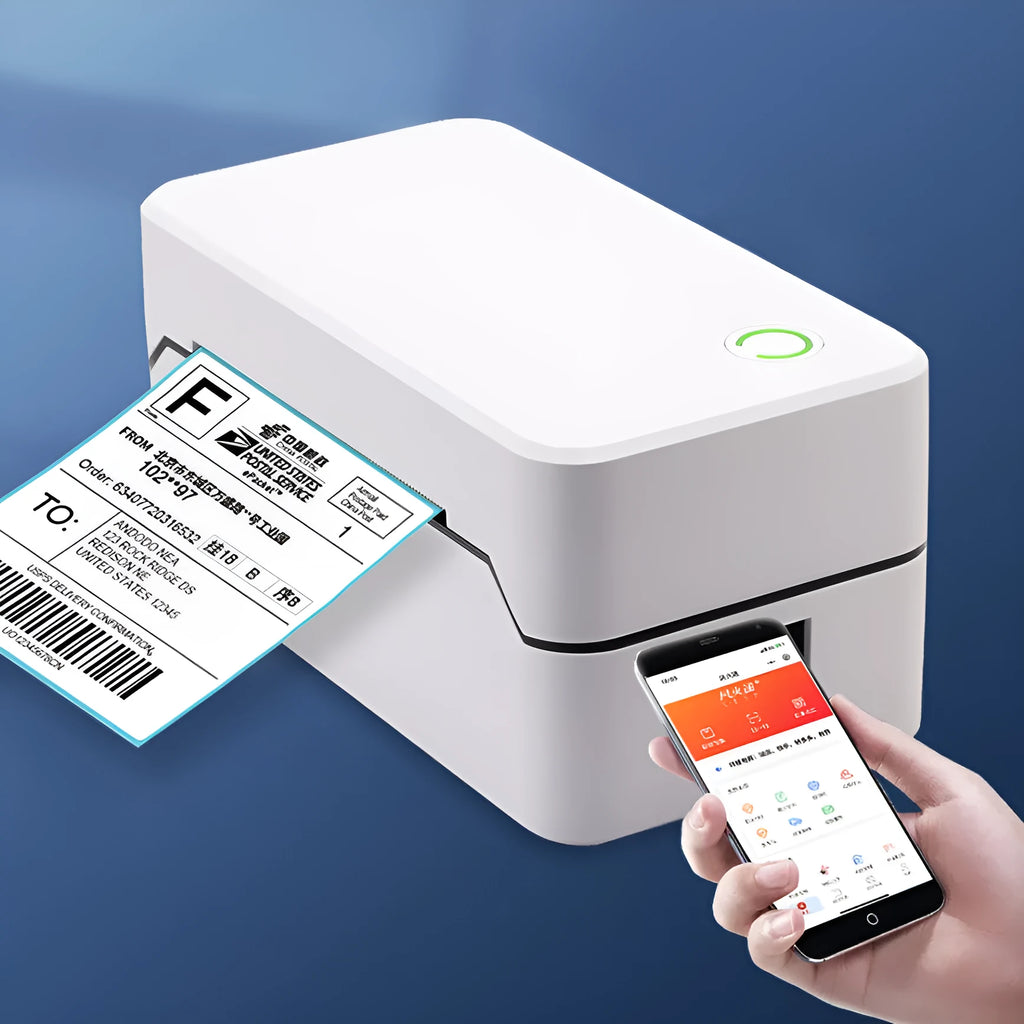 Compact white thermal receipt printer with Bluetooth and USB connectivity on a counter.