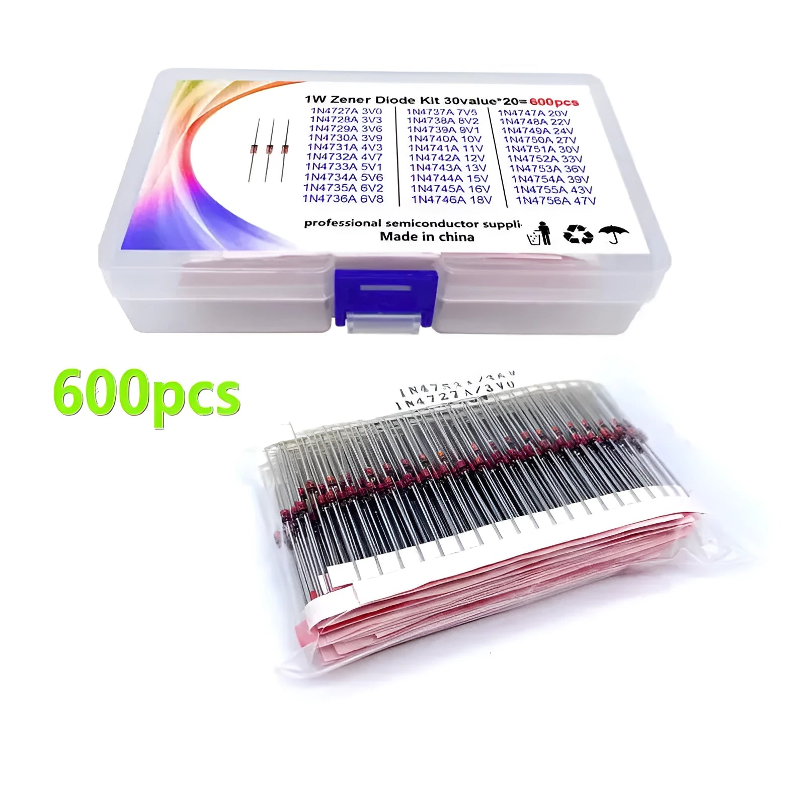 A 1W power rated zener diode with 50V breakdown voltage in boxed packaging.