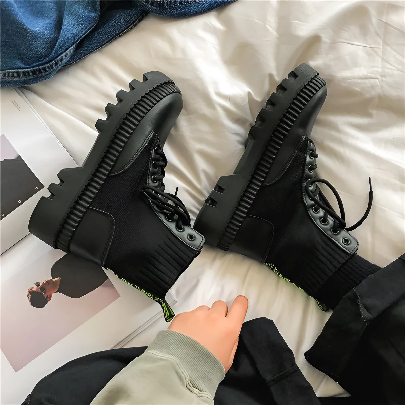 Men's black frosted leather Dr Martens platform boots with a side zip and 8-hole high top design.
