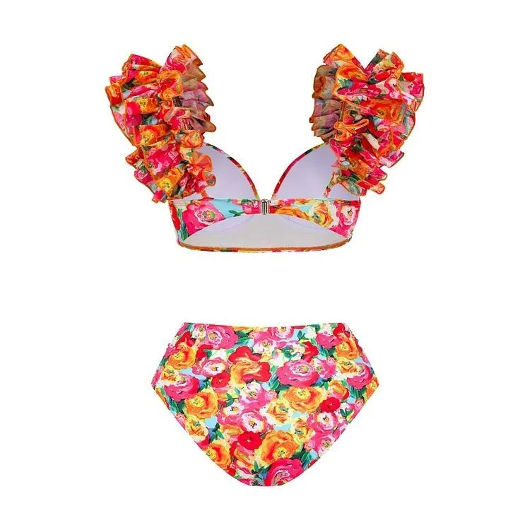 Women's floral print high waist push up bikini swimsuit set with a skirt.