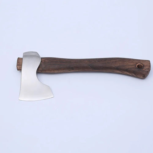 Camping axe with high carbon steel head and wooden handle on a neutral background