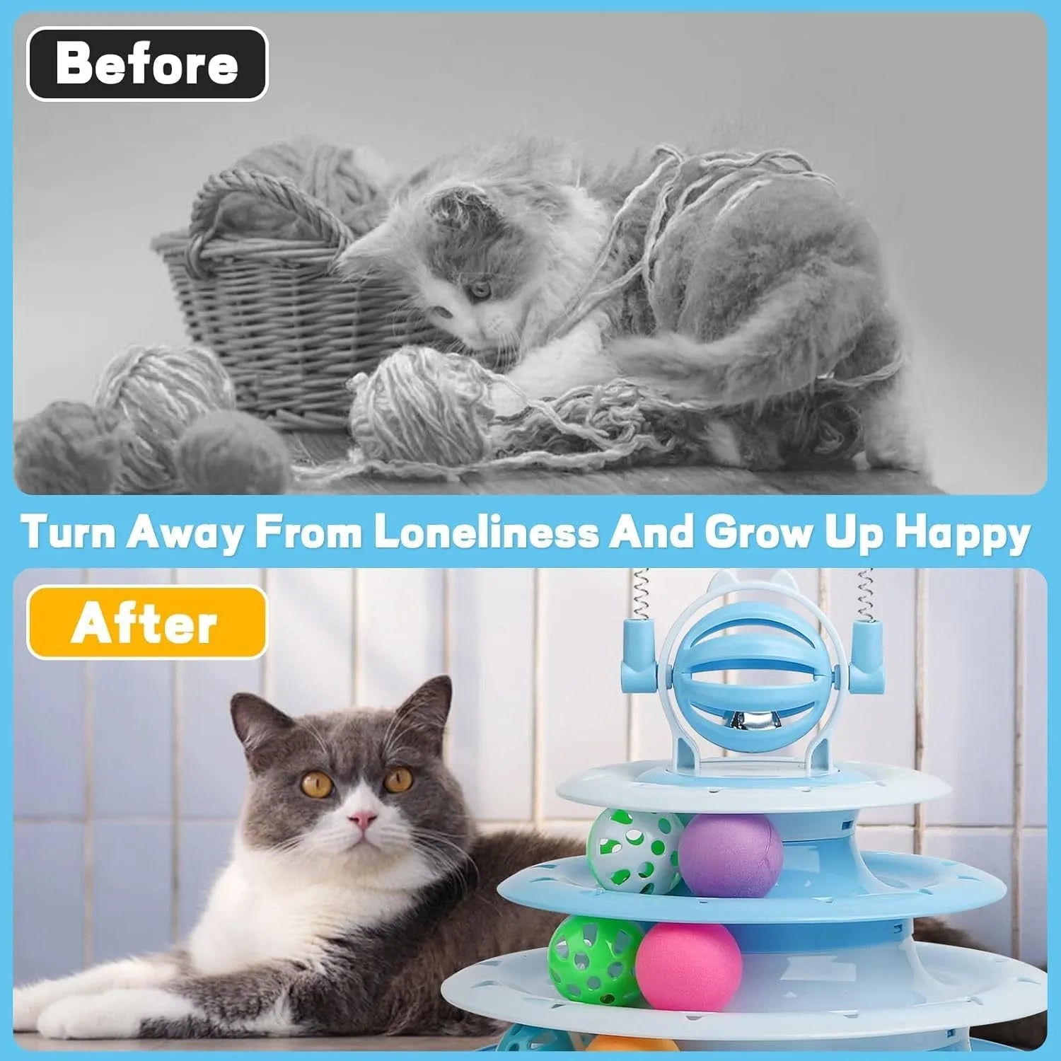 Blue 4-tier interactive cat toy carousel with balls and teasing rods