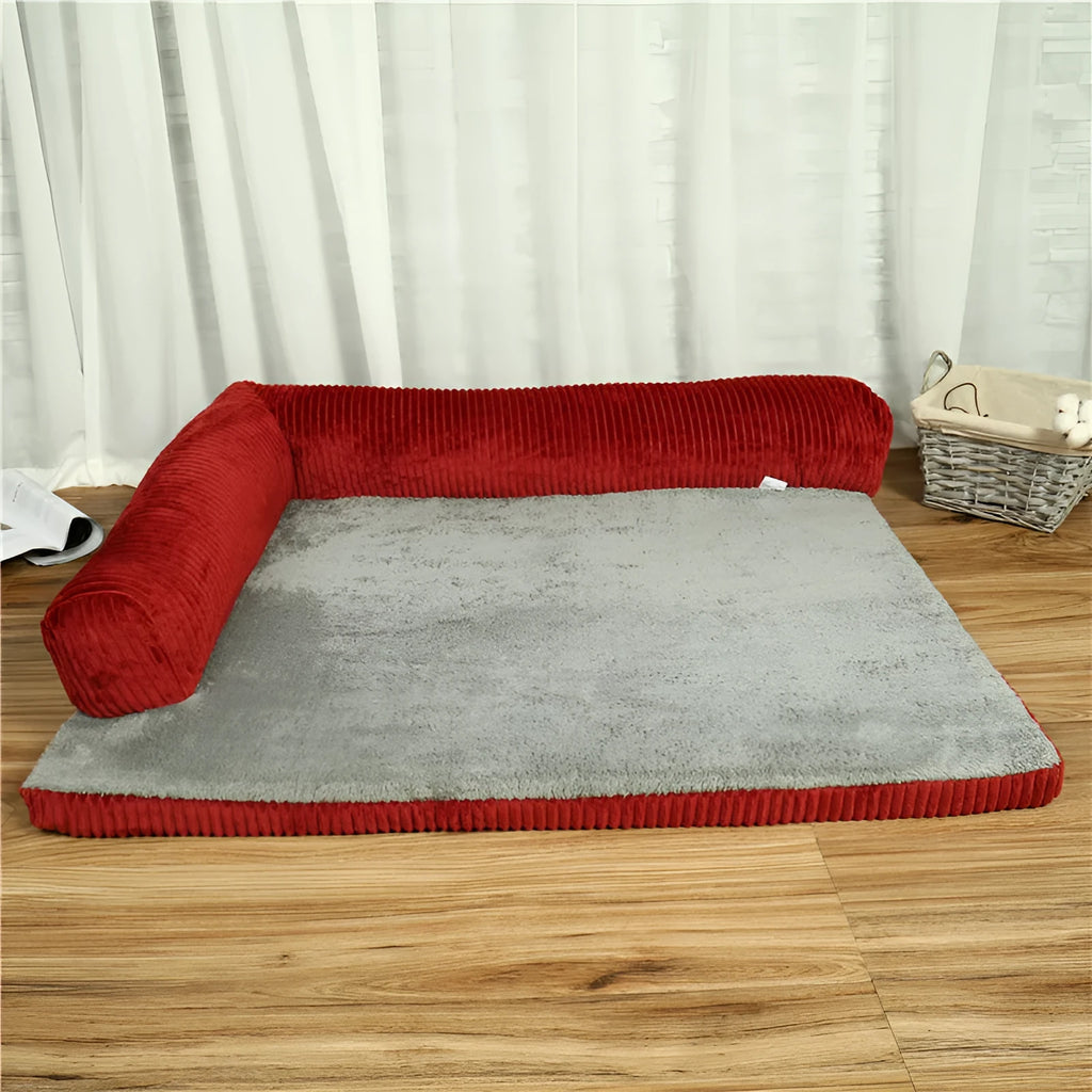 Corduroy bolster dog bed with high-density sponge filling and non-slip base in grey colour