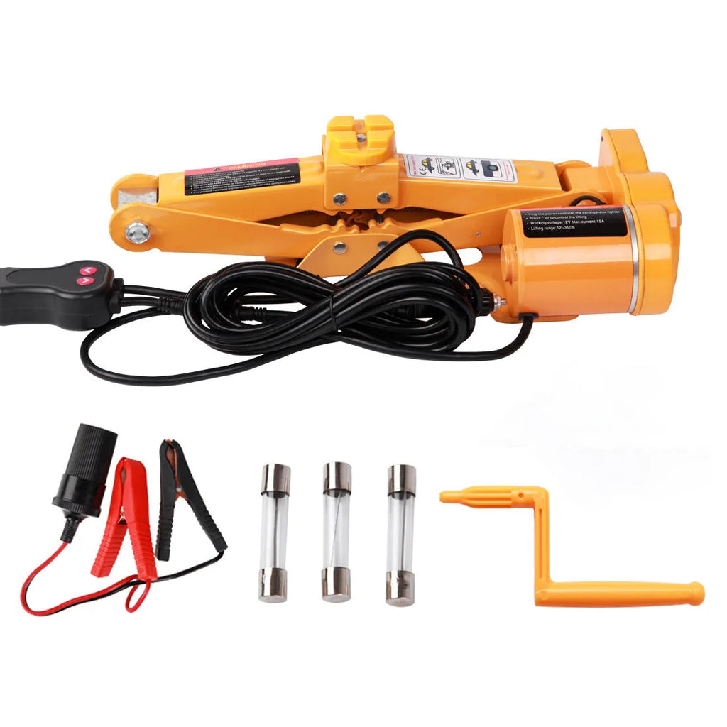 TY002 model electric hydraulic car jack kit with remote control, showing extended height.