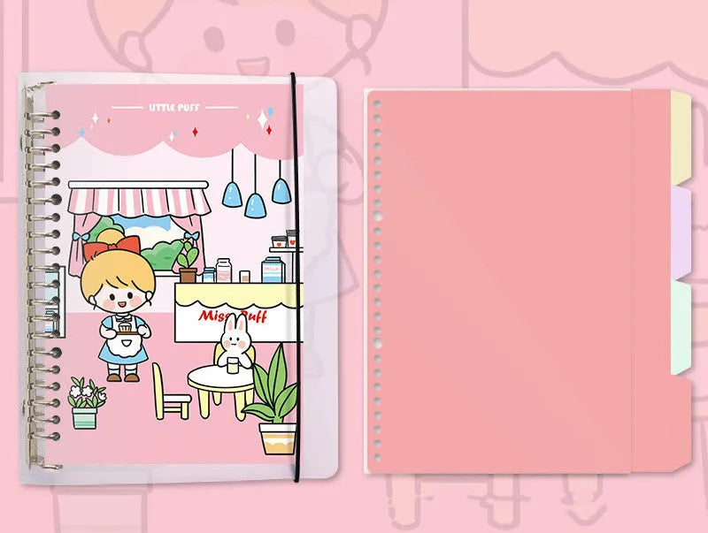 B5 replacement core notebook for detachable big coil binders with whimsical design options showing Snowman, Autumn Travel, Dessert House and Little Witch themes