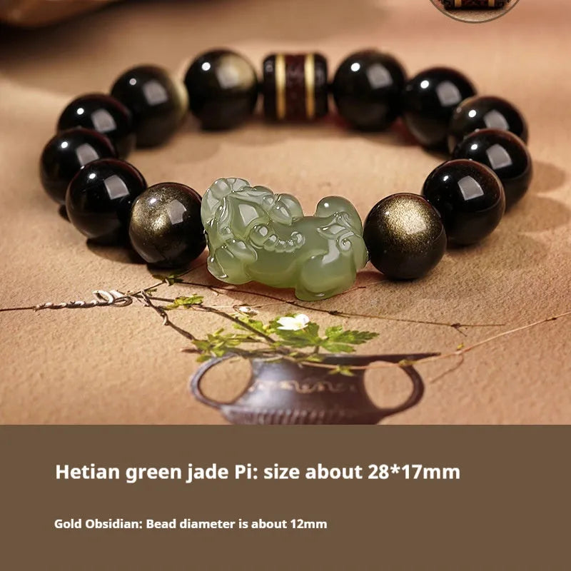 Close-up of a brown and black braided rope bracelet with a central Hetian jade bead on a wrist.