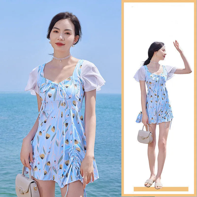 Sea Salt Blue women's one-piece swimsuit with floral pattern for swimming.