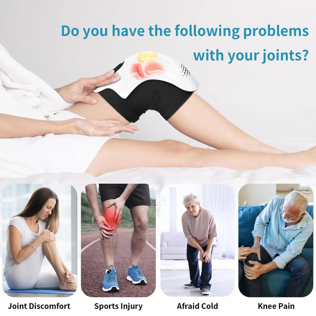 White rechargeable electric knee massager with infrared laser and heating for pain relief.